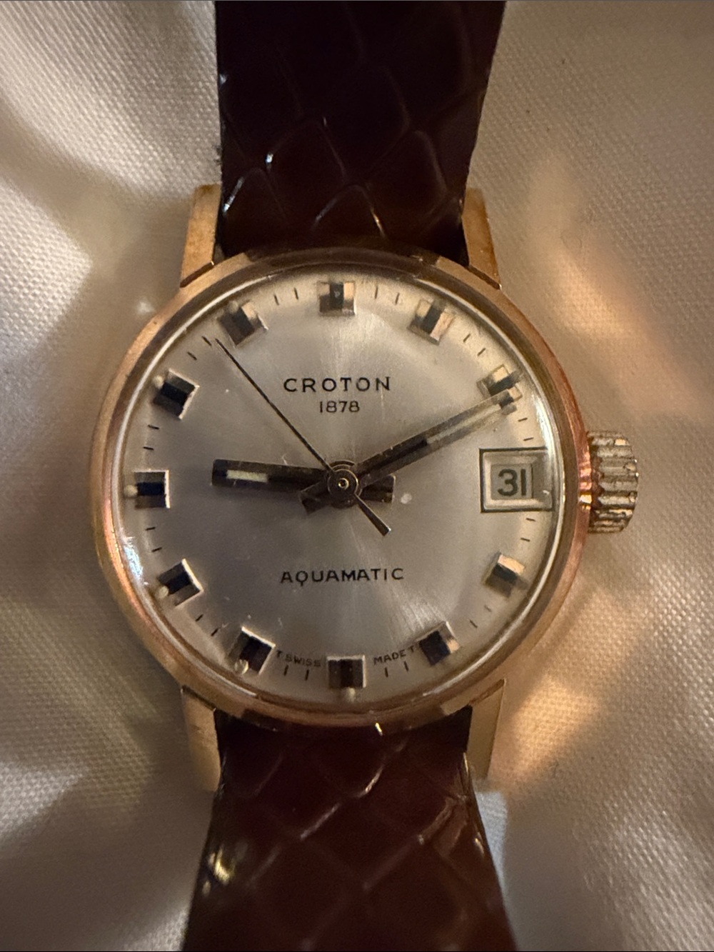 CROTON Vintage Swiss Automatic Gold Tone Date Watch Leather Strap